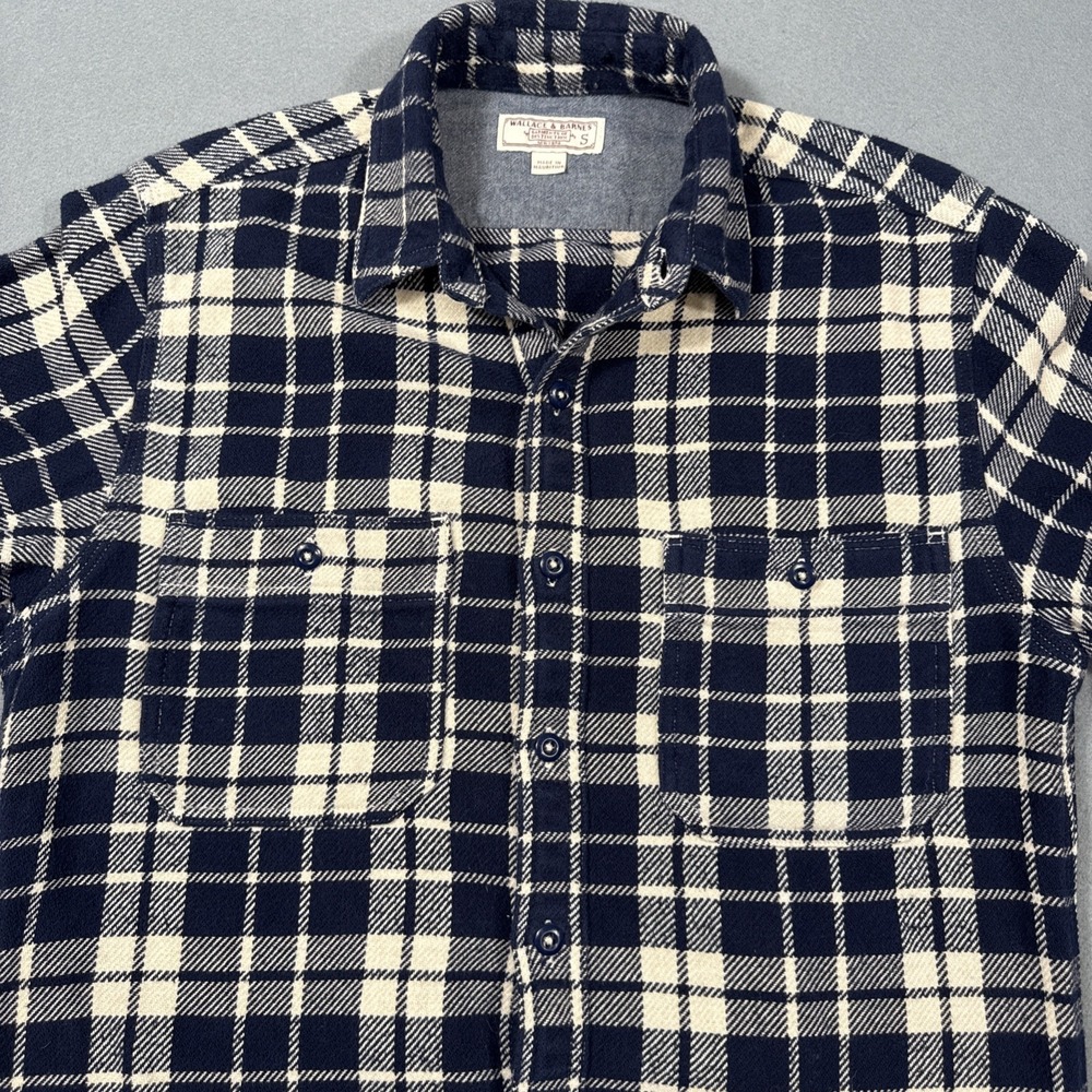 FLANNEL SHIRT Wallace & Barnes Mens Small Navy Blue CHECK HEAVY THICK Button-Up